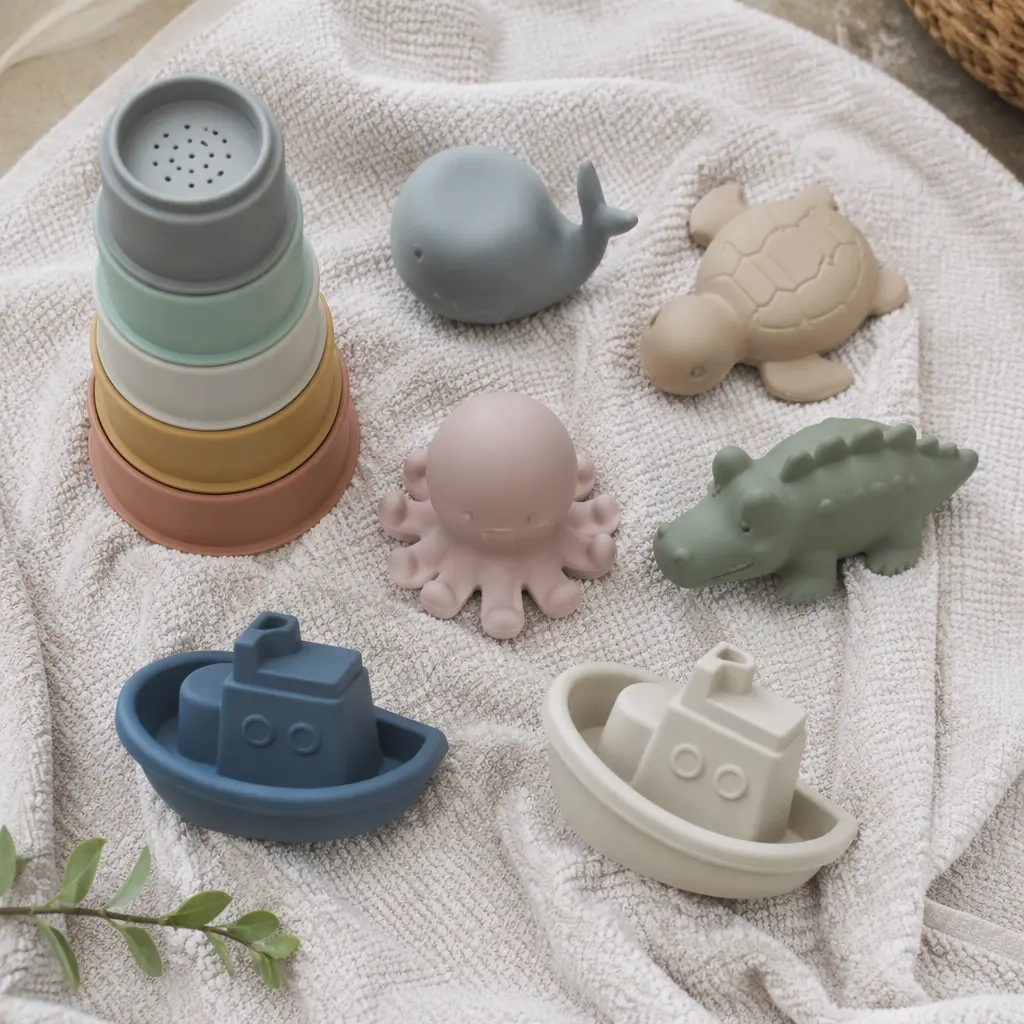 Silicone and open-design bath toys laid out to dry on a towel