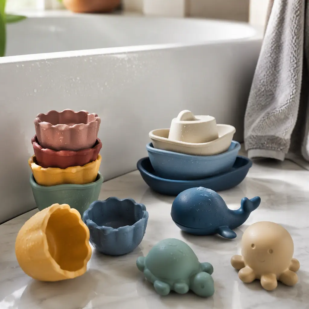 Battery-free toddler bath toys drying beside a bathtub in soft natural light