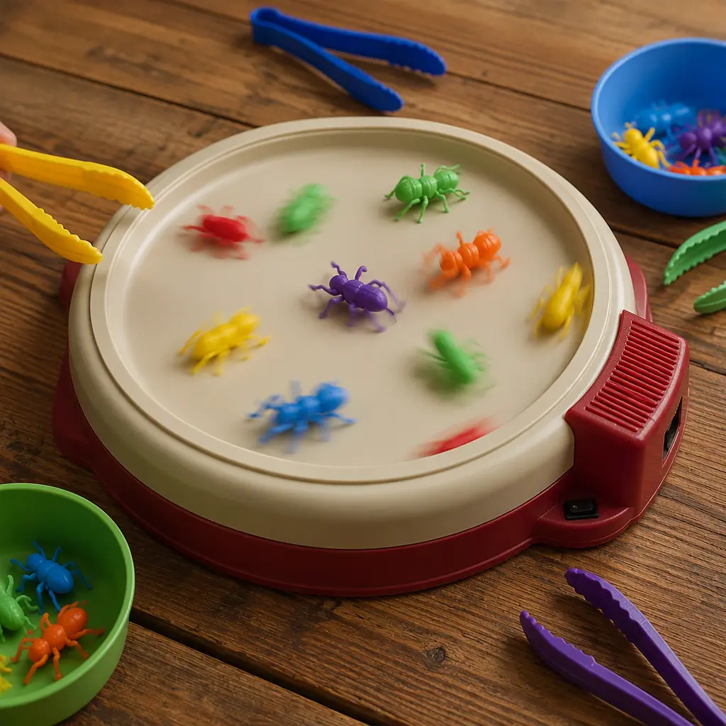 Retro bug-catching game with colorful plastic insects bouncing across the play area