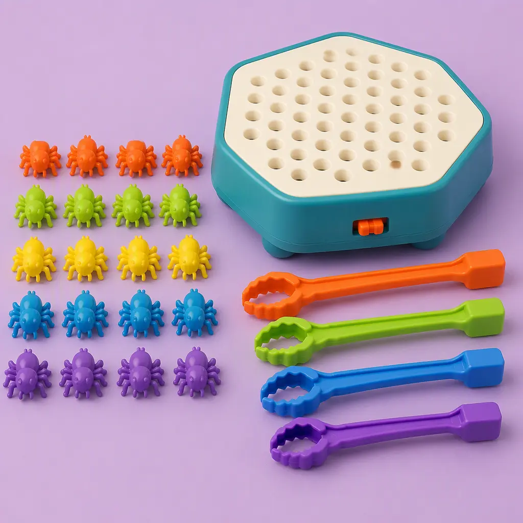 Colorful bug-catching game pieces and grabbers arranged beside a compact game board