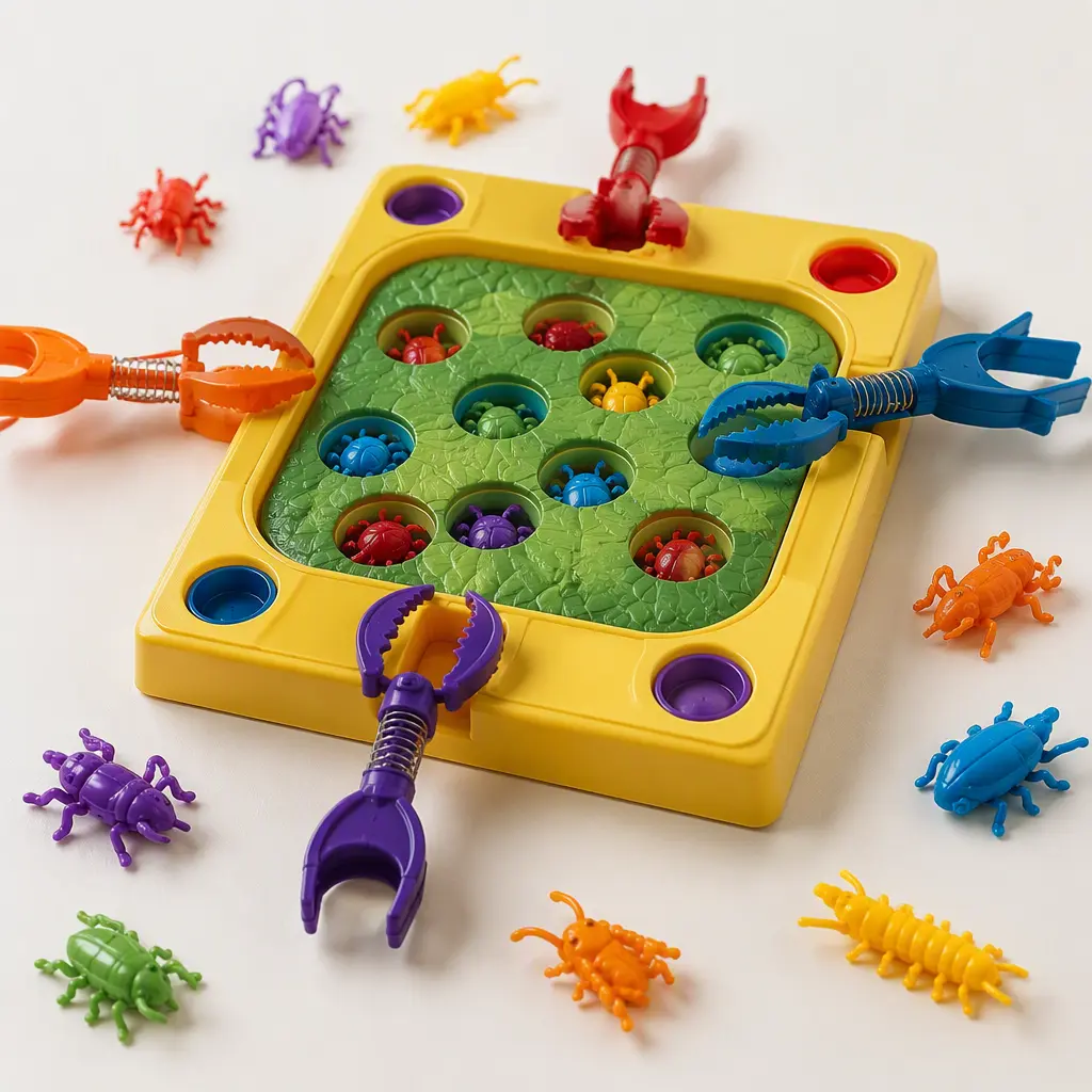 Vintage-style bug-catching tabletop game with colorful plastic bugs and grabbing tools on a table