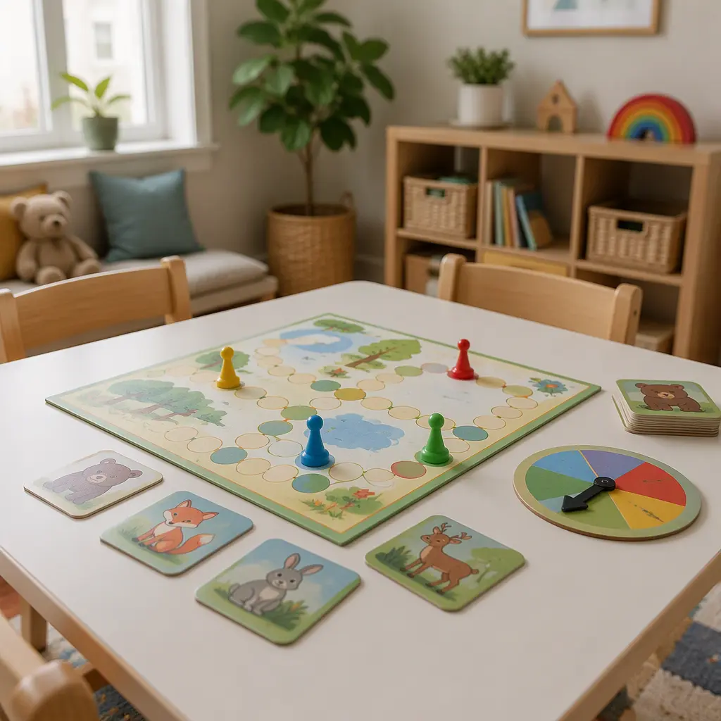 Simple preschool board game with colorful pieces and picture-based gameplay