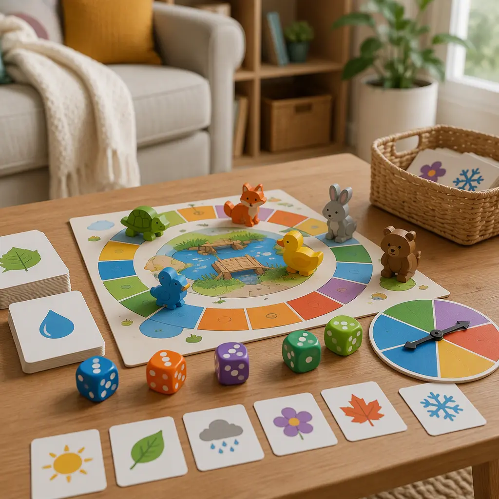 Colorful preschool board games with chunky pieces and icon-based cards on a low table