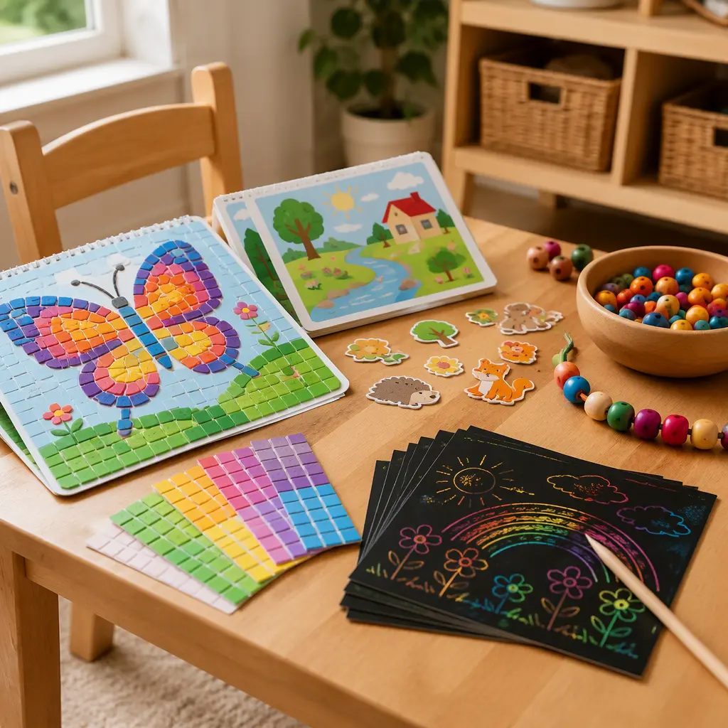 Low-mess craft activities arranged on a small craft table