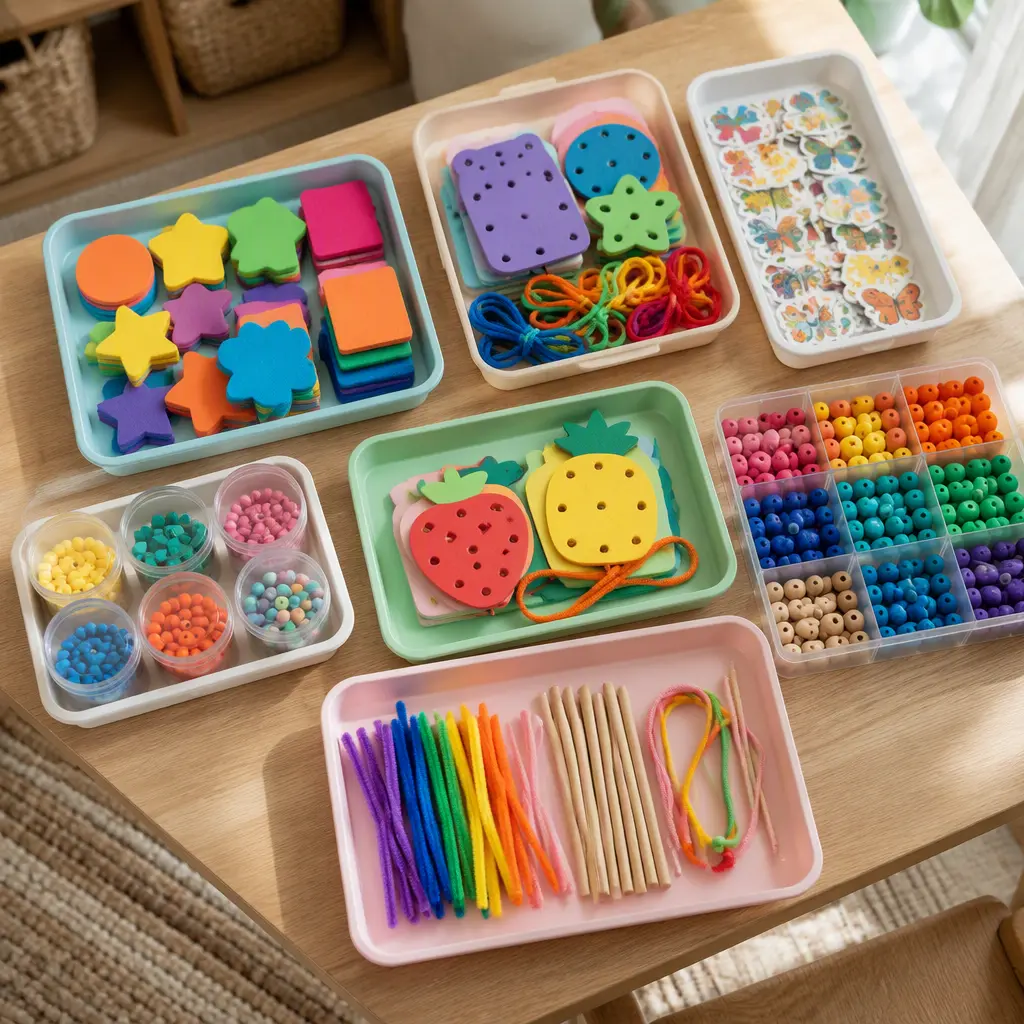 Organized beginner craft supplies in storage trays
