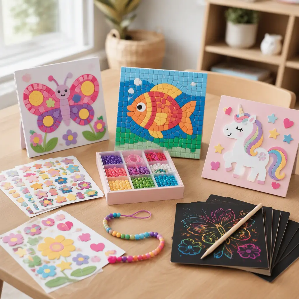 Beginner craft kits for children arranged on a wooden table in soft natural light
