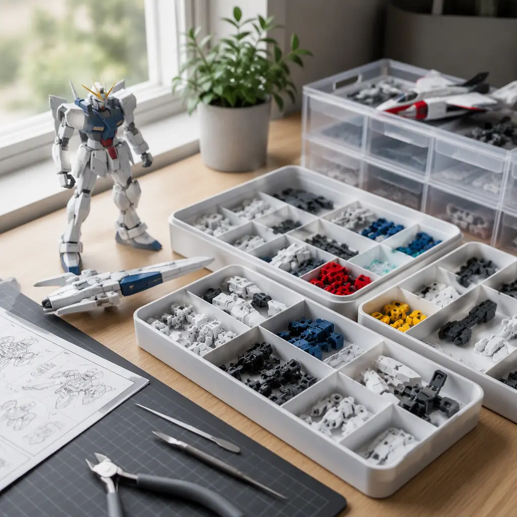 Snap-fit model kit parts organized on a hobby desk
