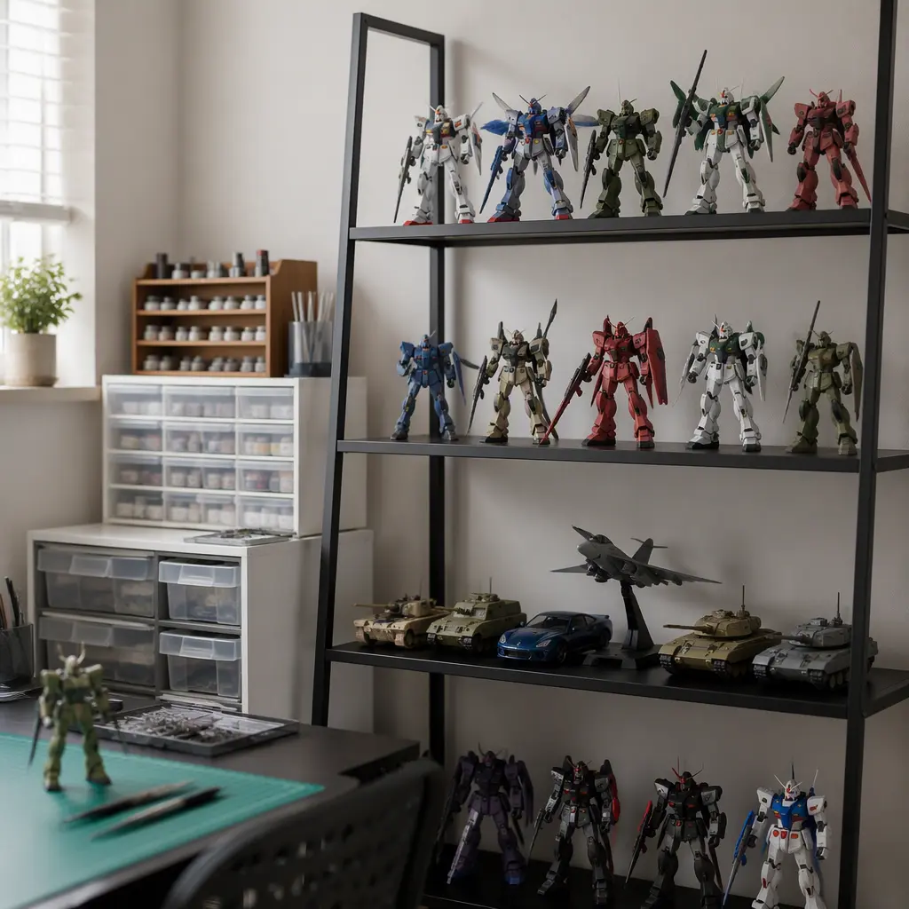 Completed beginner model kits displayed on shelves