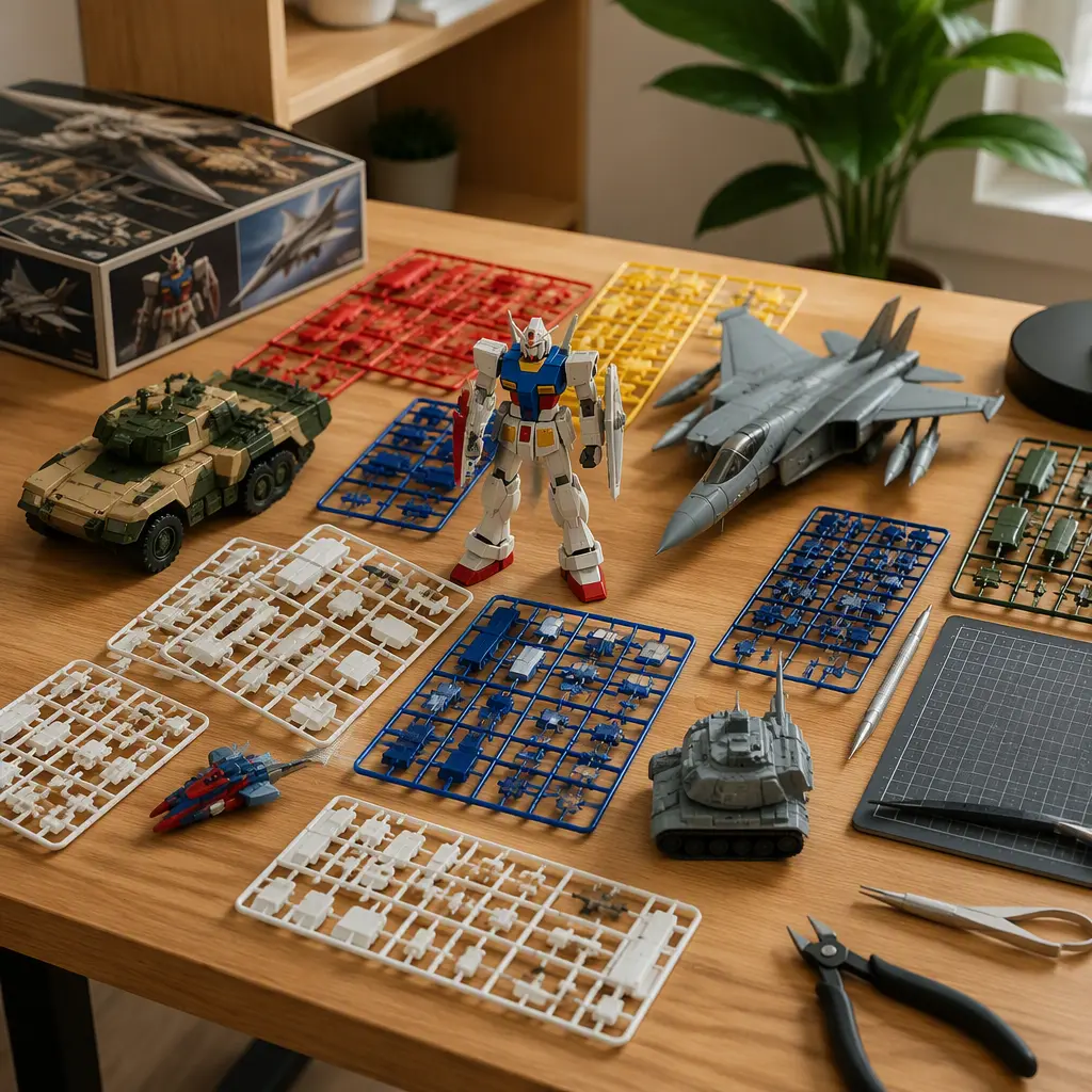 Beginner-friendly snap-fit model kits on a tidy desk with parts and tools
