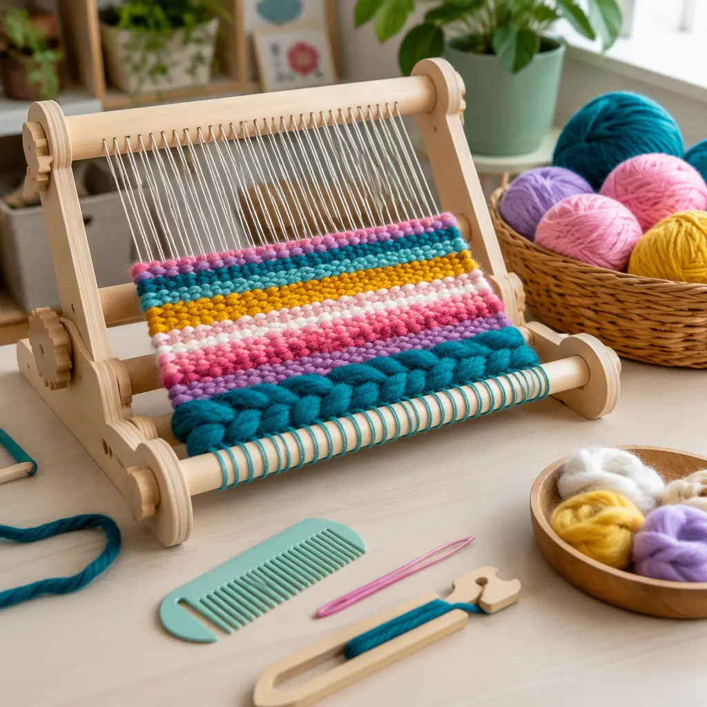 Simple weaving loom with thick yarn and large tools for children