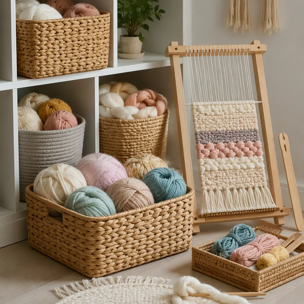 Organized weaving materials and beginner loom stored neatly in a craft area