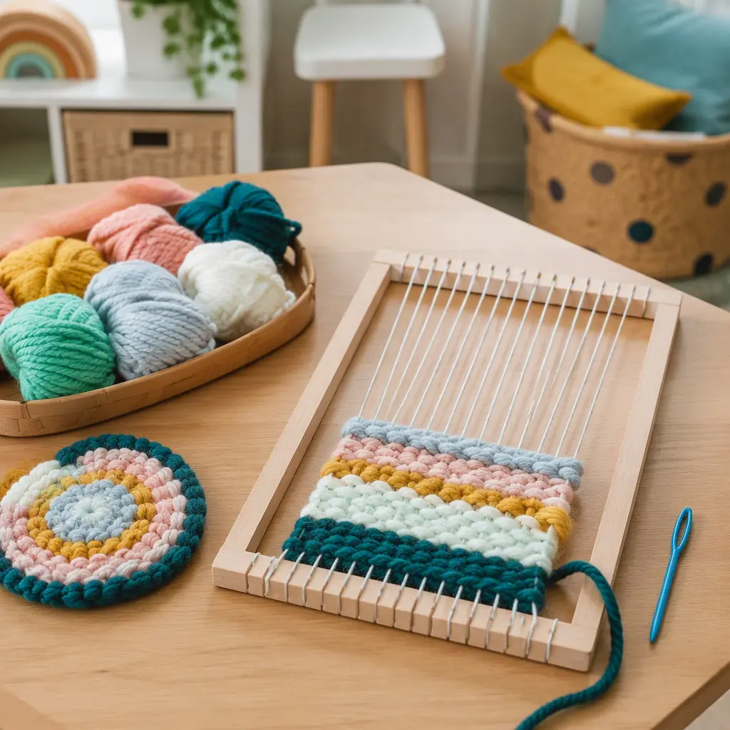Beginner weaving kit with chunky yarn and a simple loom on a table