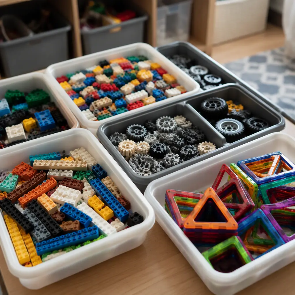 Organized trays of mixed compatible construction pieces in a playroom