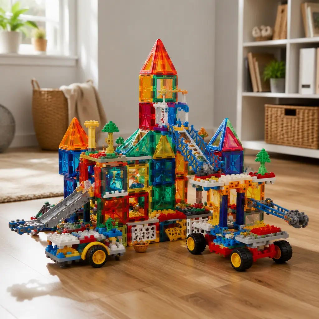 Mixed compatible building toys combined into a large creative construction on a playroom floor