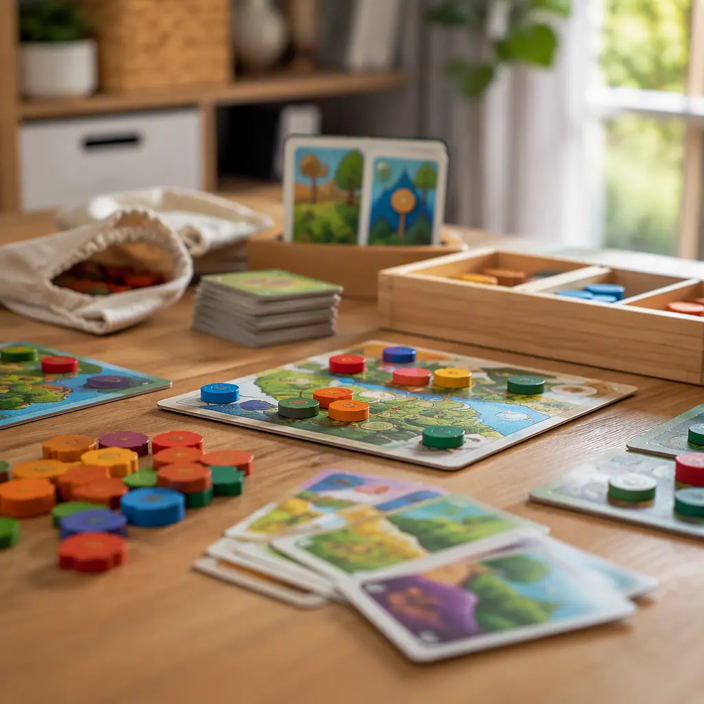 Simple strategy game pieces and cards for children on a wooden table