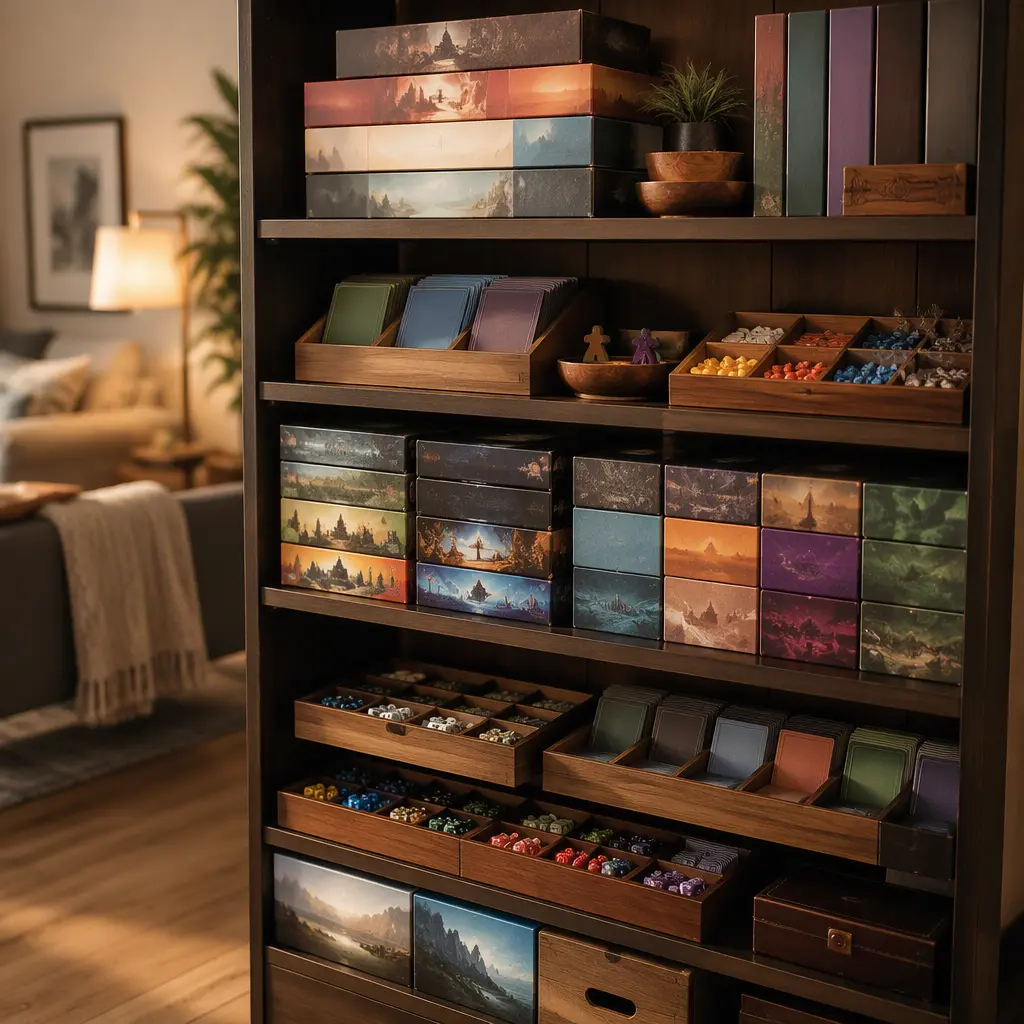 Organized shelf of beginner-friendly family strategy games and accessories