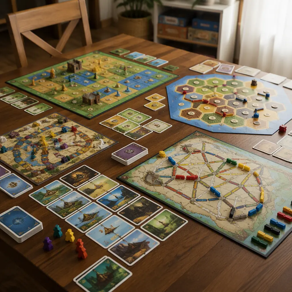 Beginner-friendly strategy board games and card games arranged on a family table in soft natural light