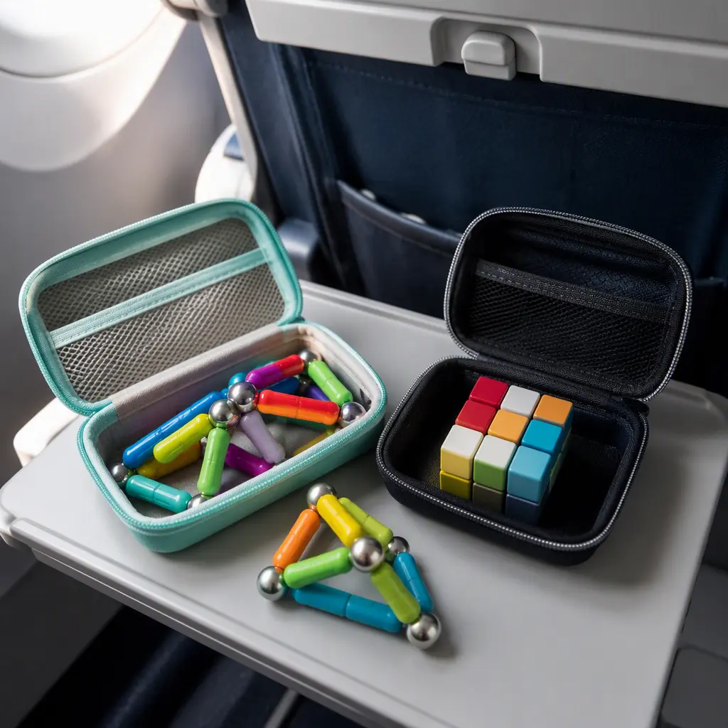 Compact magnetic toys and travel puzzles organized on an airplane tray table