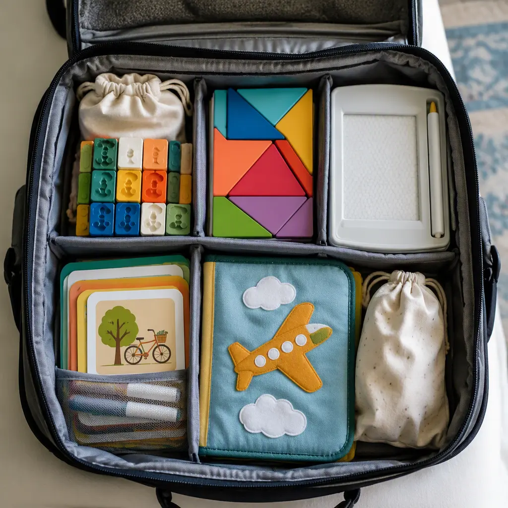 Compact offline travel toys packed inside a carry-on backpack