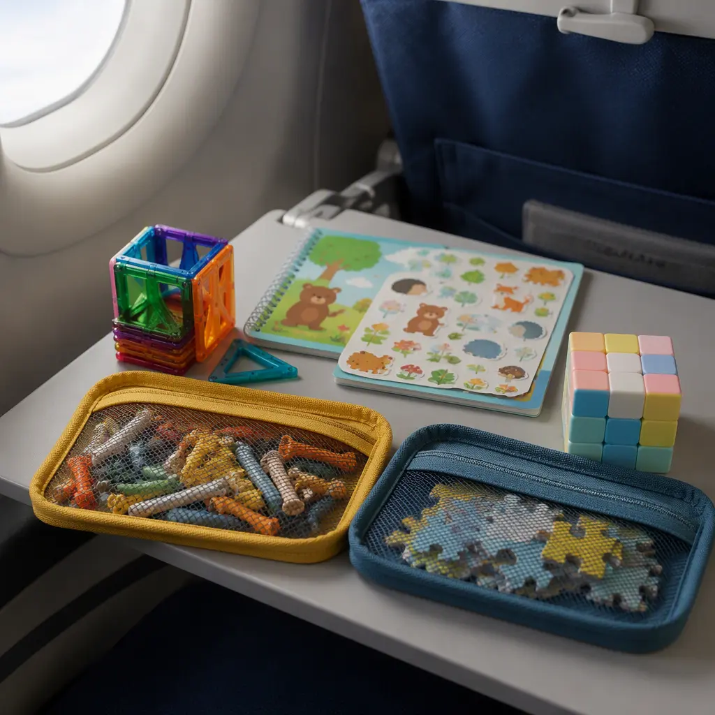 Compact offline travel toys arranged on an airplane tray table for children ages 6 to 8