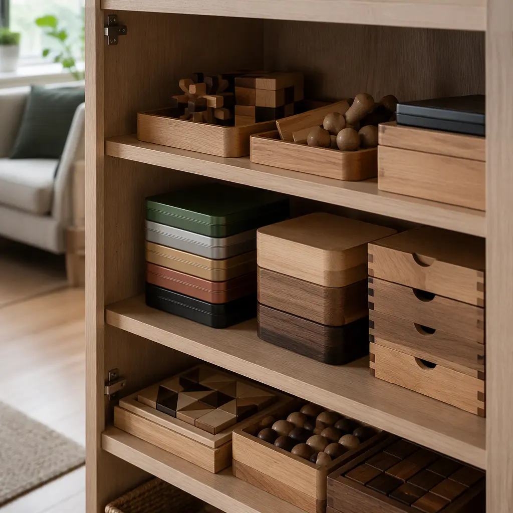 Compact tray and magnetic puzzles stored neatly in a small cabinet