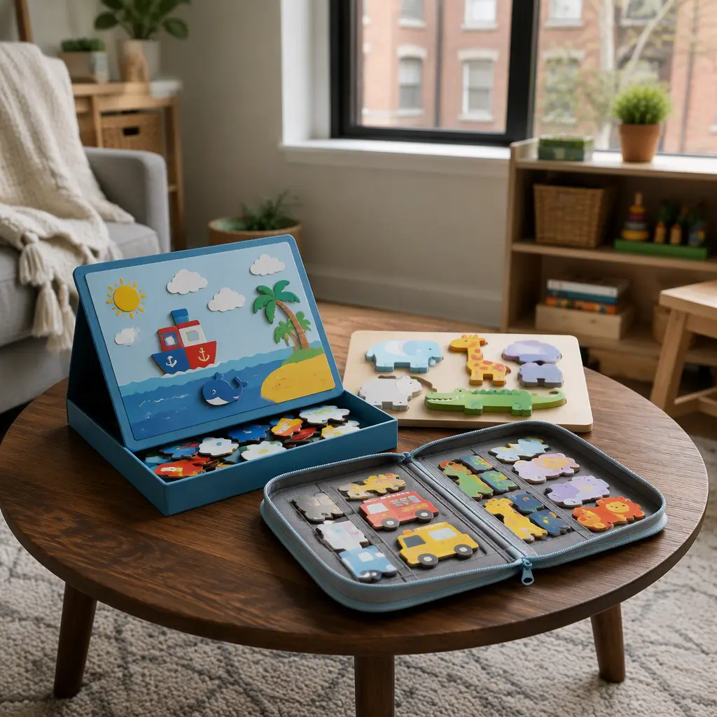 Contained preschool puzzle toys arranged on a small coffee table