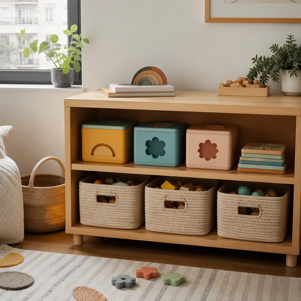 Compact preschool puzzle toys with built-in storage on a tidy shelf in a small home