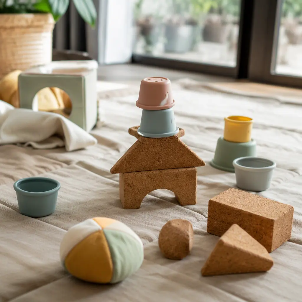 Quiet stacking and building toys for toddlers on a padded mat