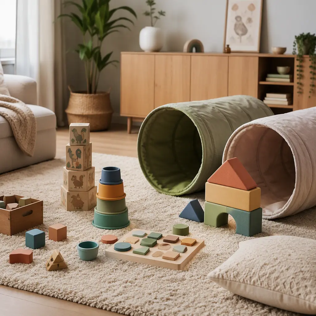 Quiet toddler toys arranged in a calm apartment play area with soft natural light