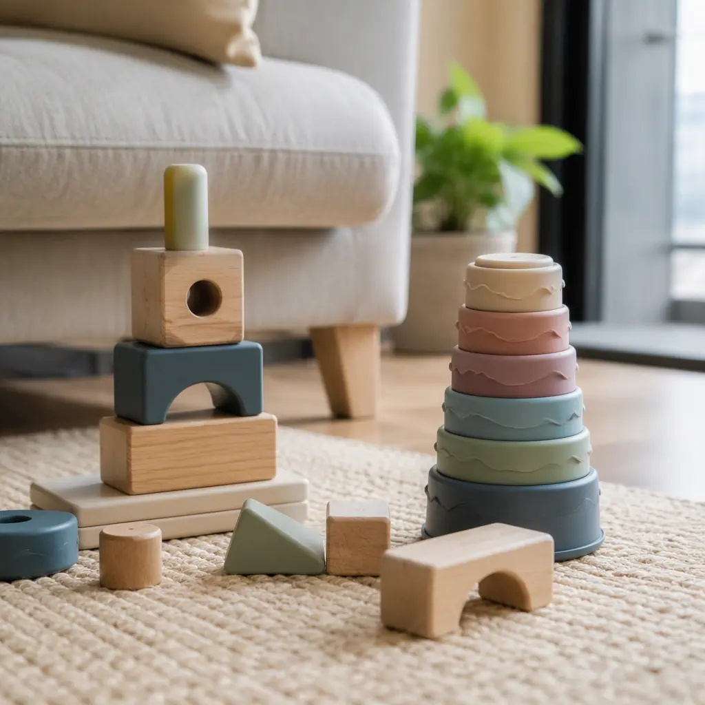 Wooden blocks and silicone stacking toys on a play mat