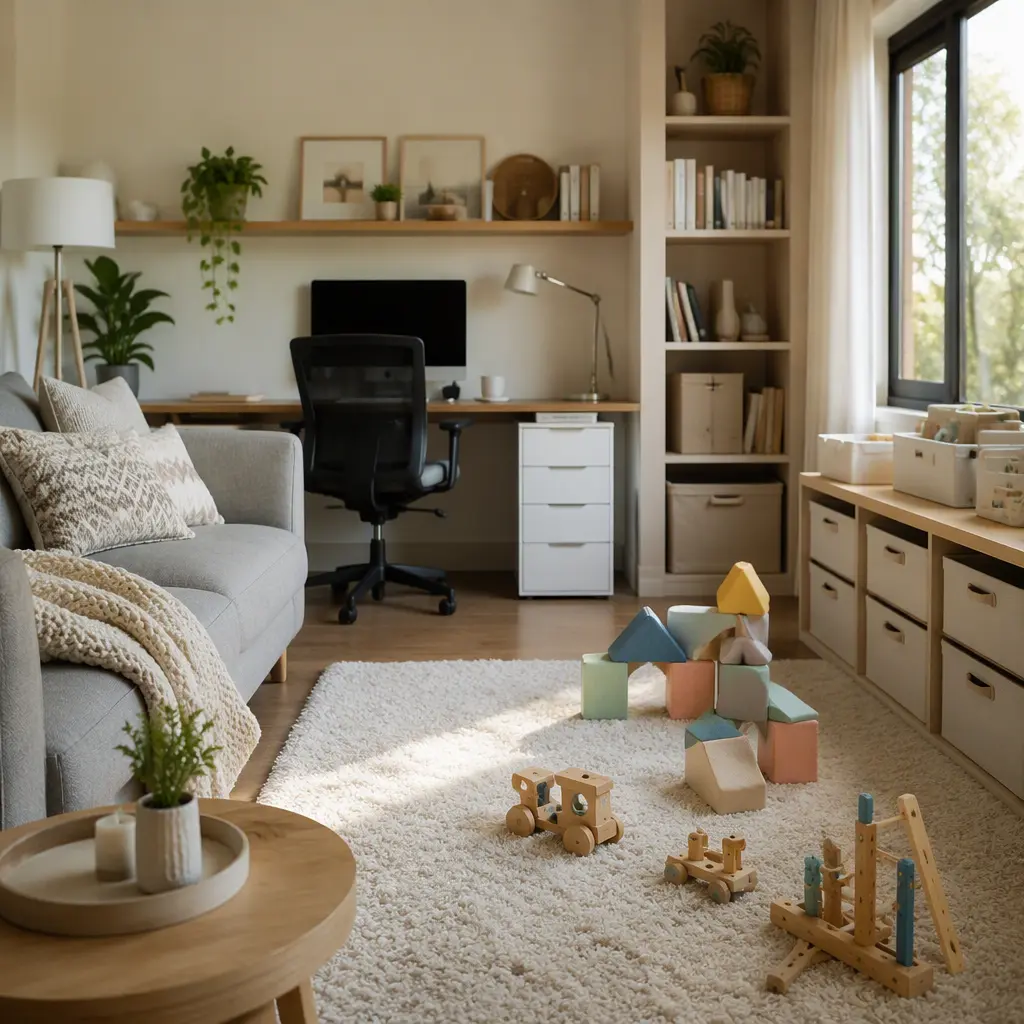 Toddler play area with quiet construction toys beside a home workspace