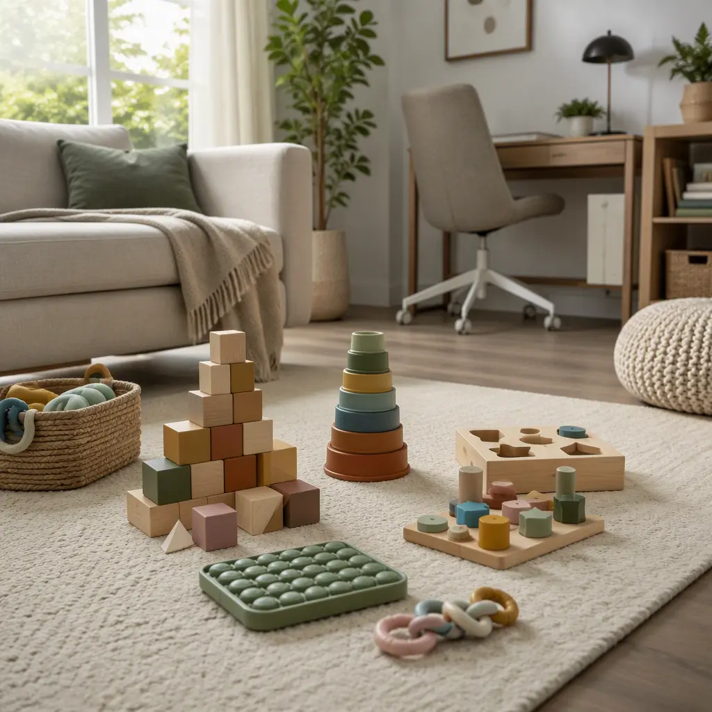 Quiet toddler toys arranged in a calm living room with soft natural light