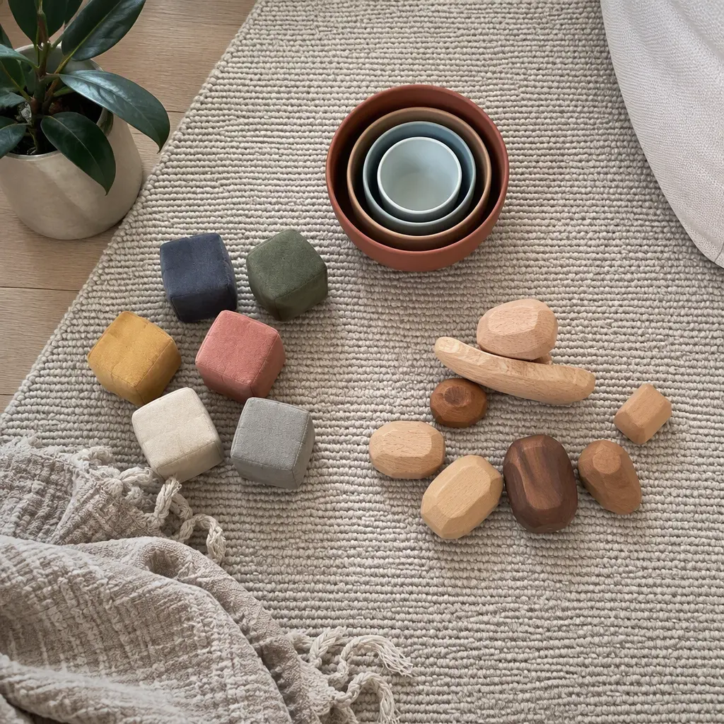 Compact stacking toys arranged on a small rug