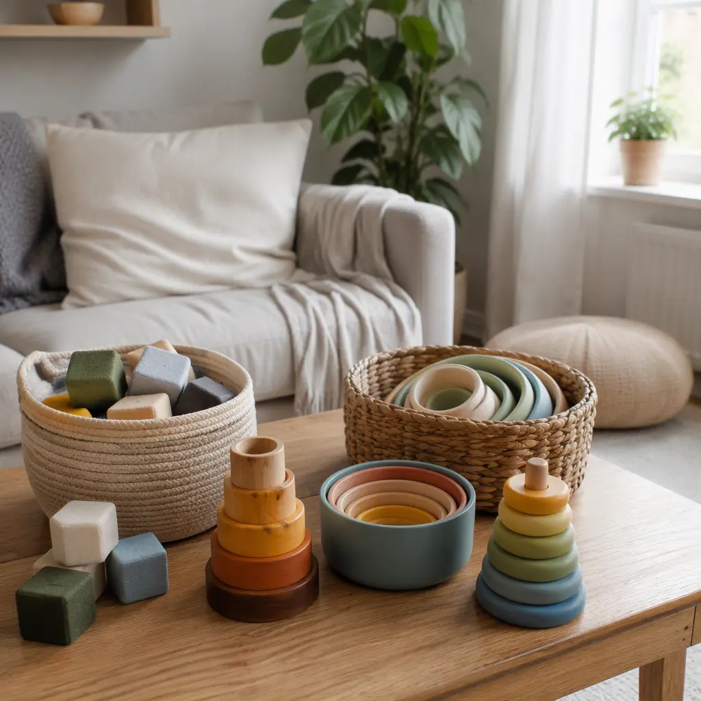 Compact stackable toddler toys organized in a small apartment living room