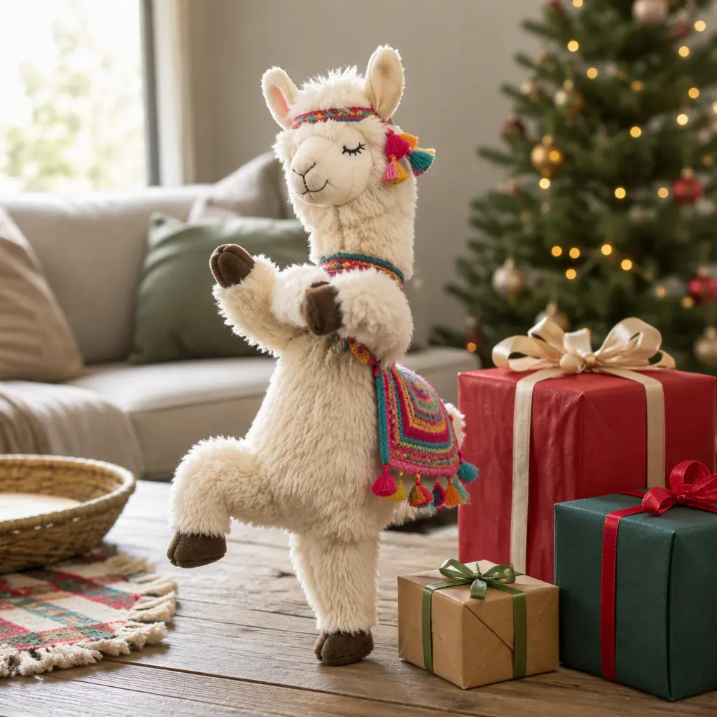 Dancing llama plush toy displayed near holiday gifts in a living room