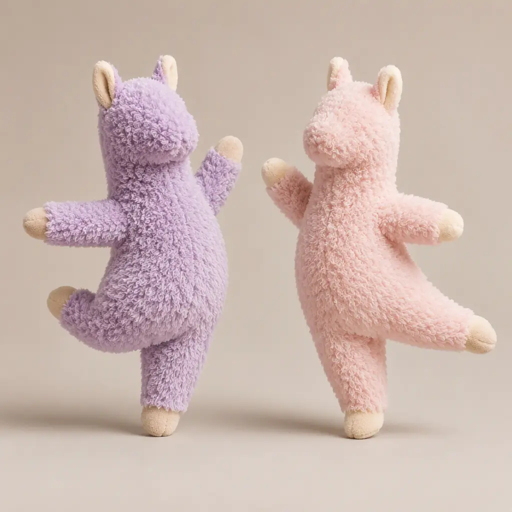 Two plush dancing llama toys posed in a studio scene