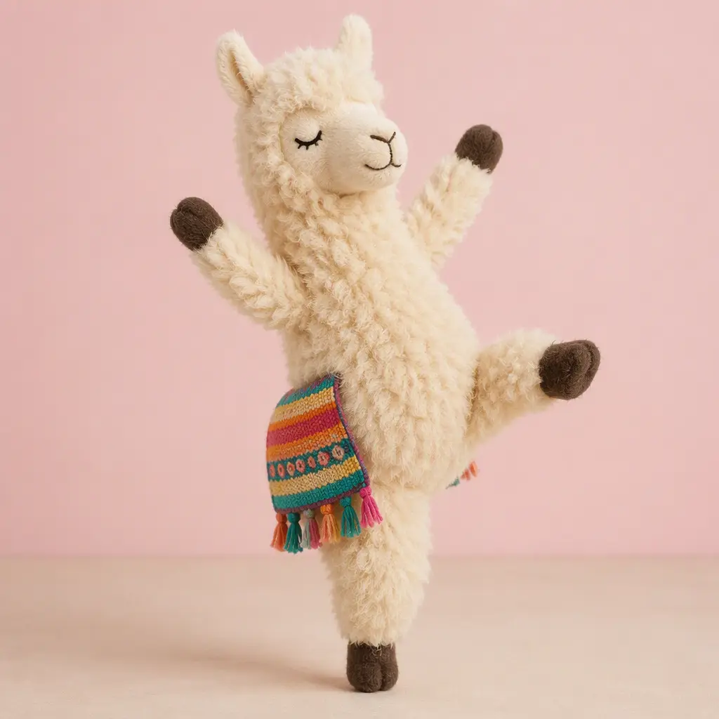 Plush dancing llama toy posed mid-motion in a studio setting