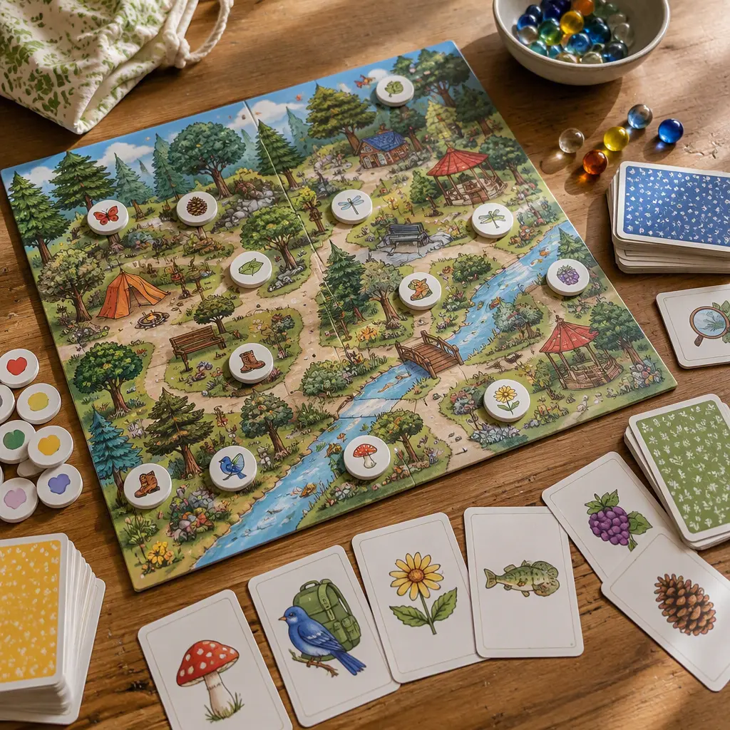 A family-style observation game with illustrated cards and colorful pieces arranged for play.