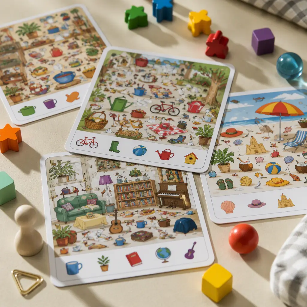 Detailed observation game cards and colorful pieces arranged on a tabletop during play.