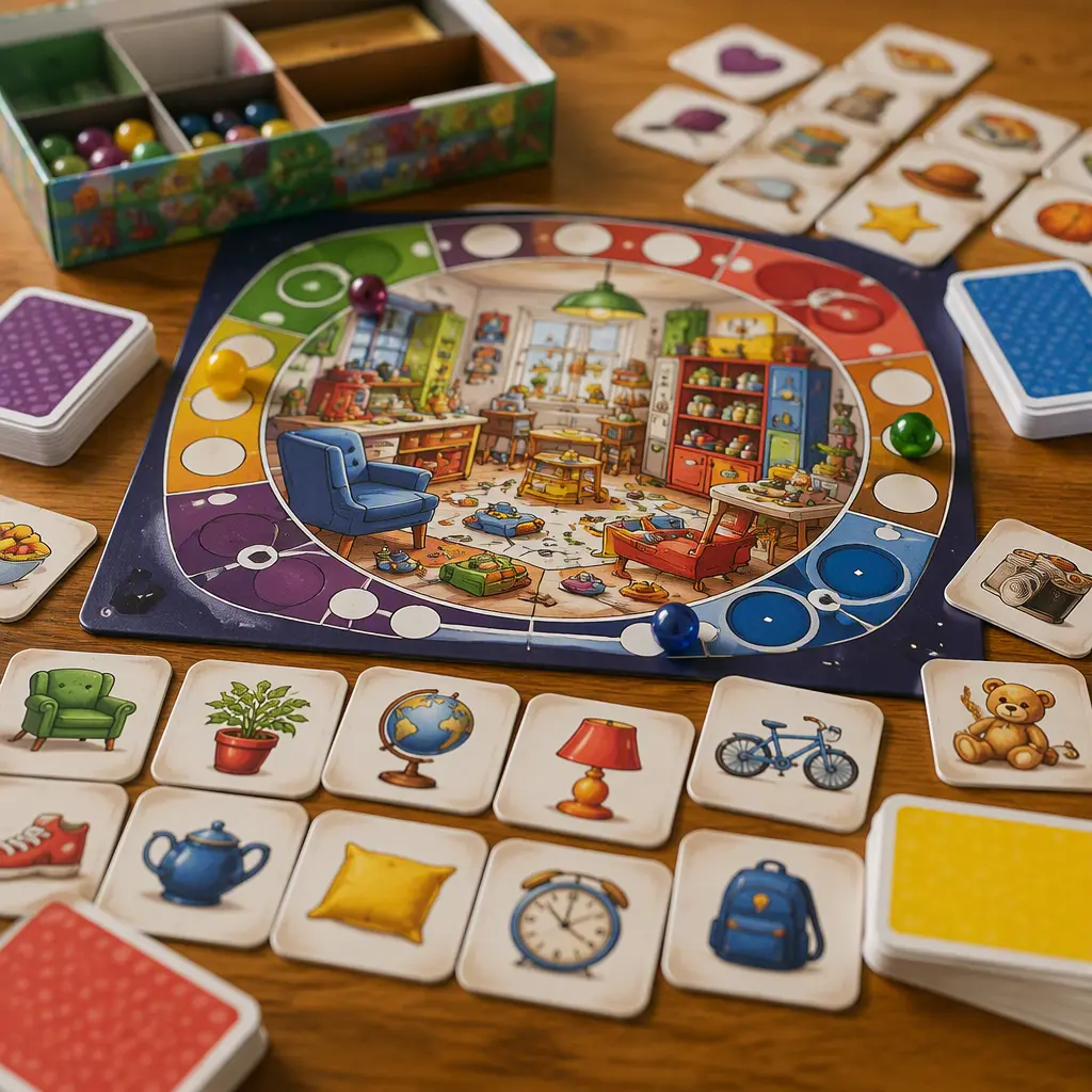 A colorful seek-and-find style family board game laid out on a wooden table with cards and game pieces.