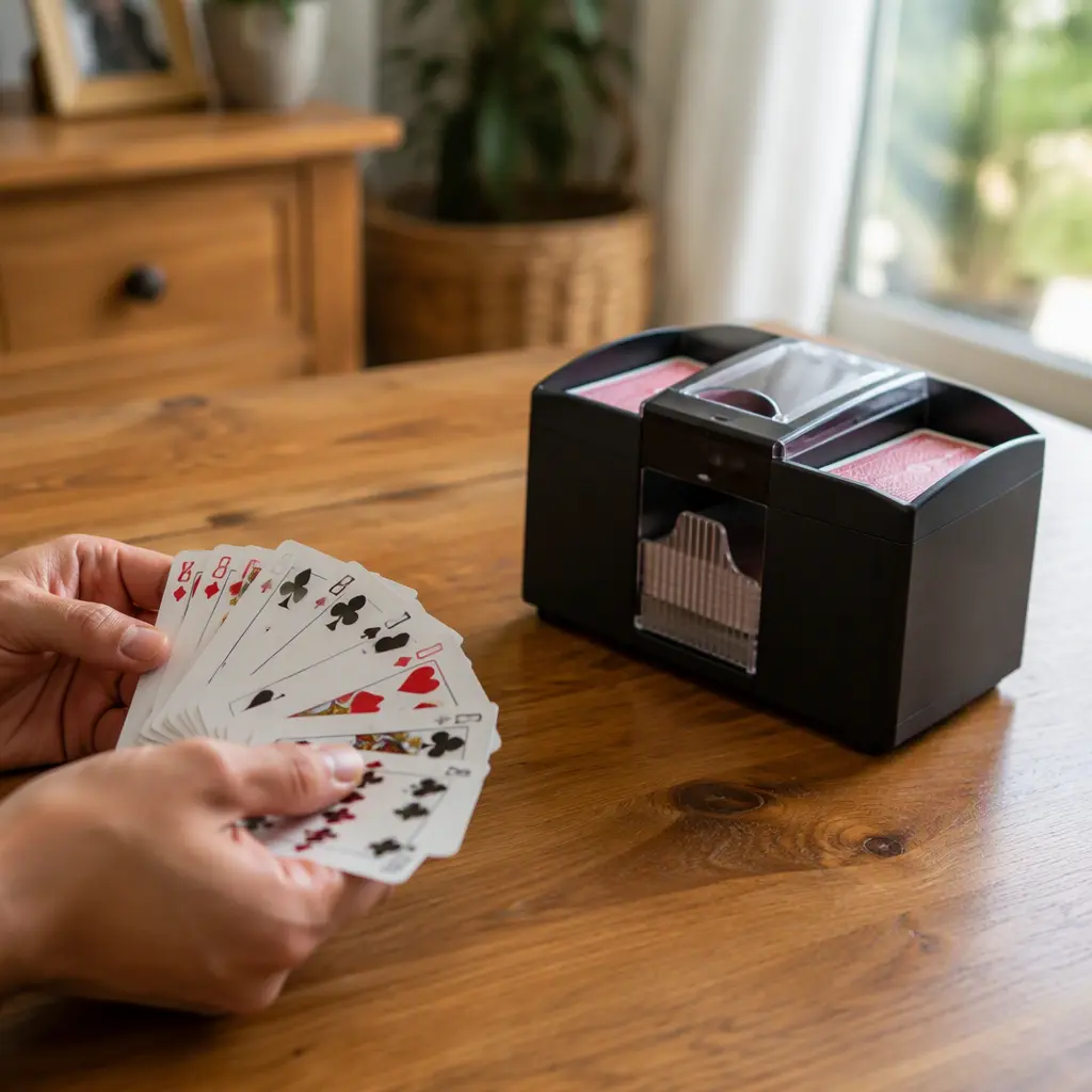 Playing cards and a compact automatic card shuffler on a wooden table
