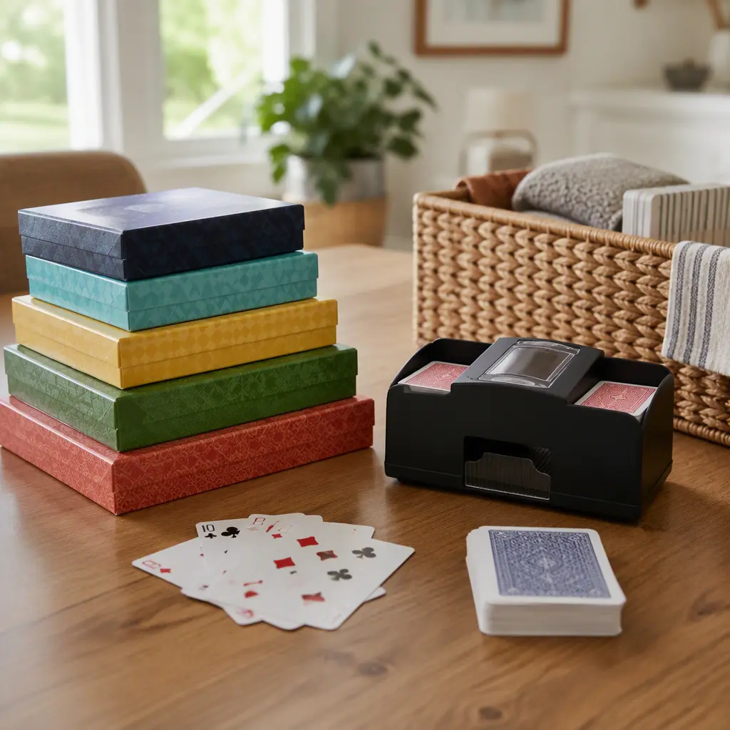 Card games and automatic card shuffler stored neatly on a tabletop