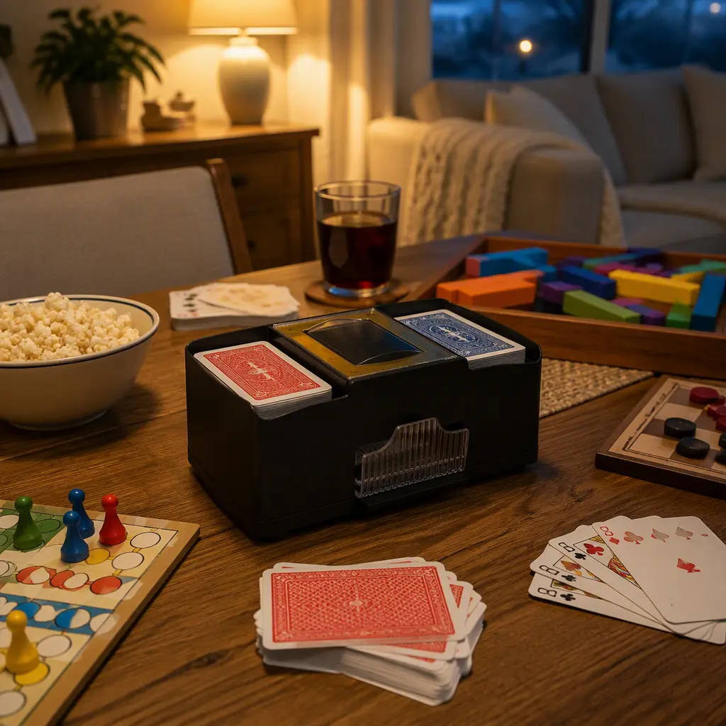 Automatic card shuffler and card games arranged on a dining table