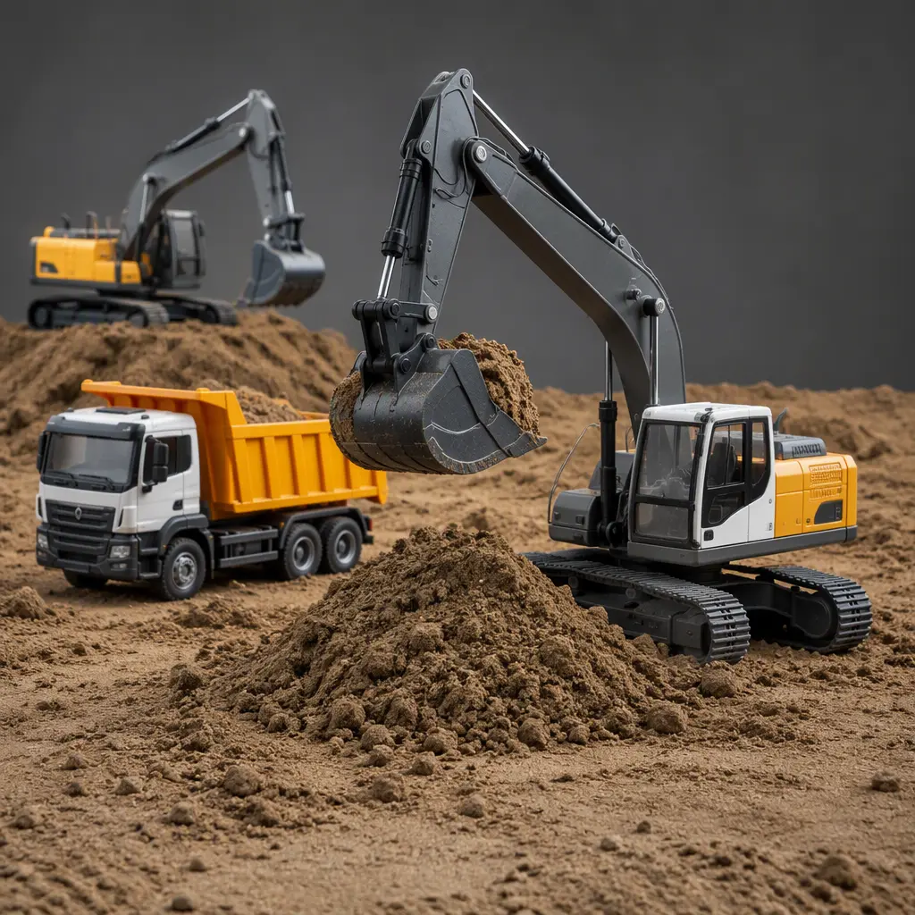 Toy excavators and dump trucks posed on textured sand in a studio setting