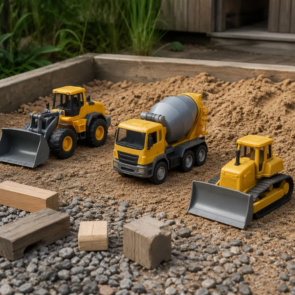 Assorted construction toy vehicles beside a sandbox and blocks