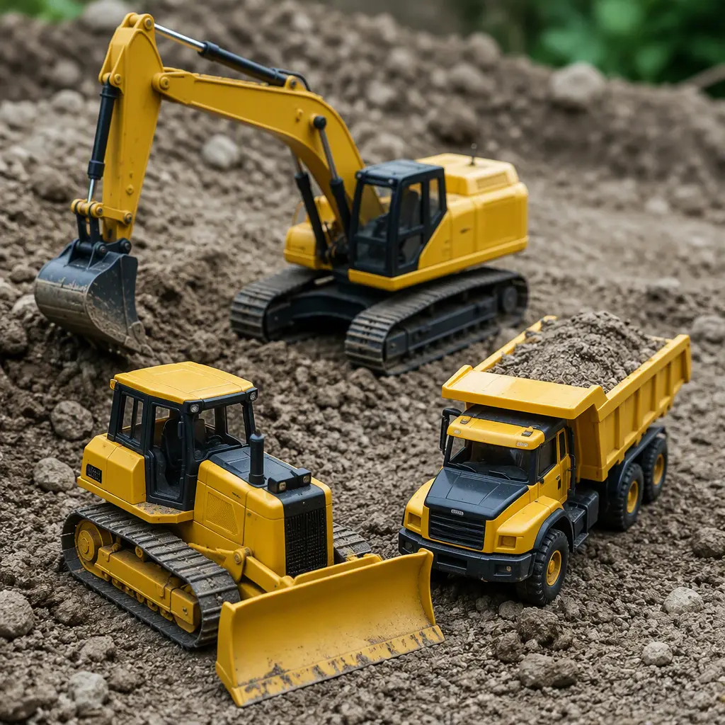 Realistic construction toy vehicles arranged on dirt outdoors in natural light