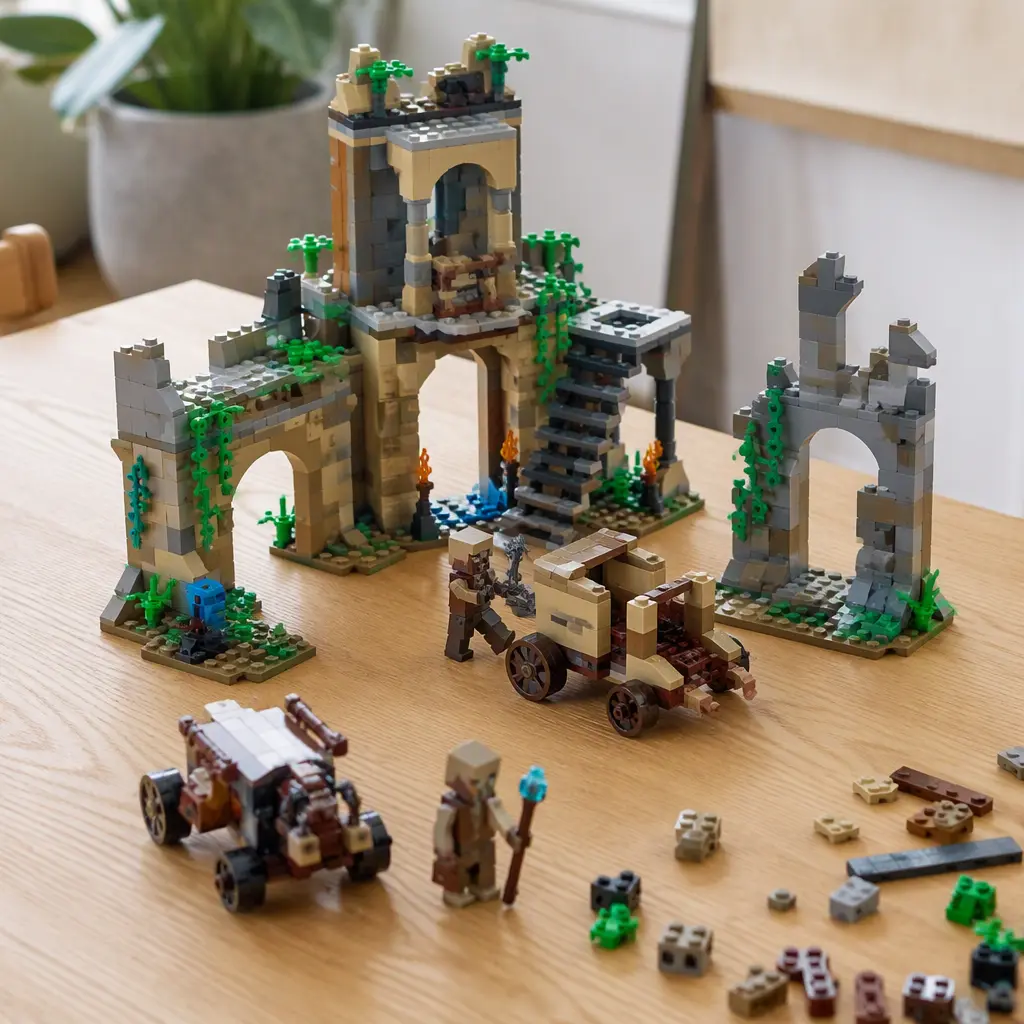 Brick-built fantasy ruins and small construction figures arranged on a tabletop.