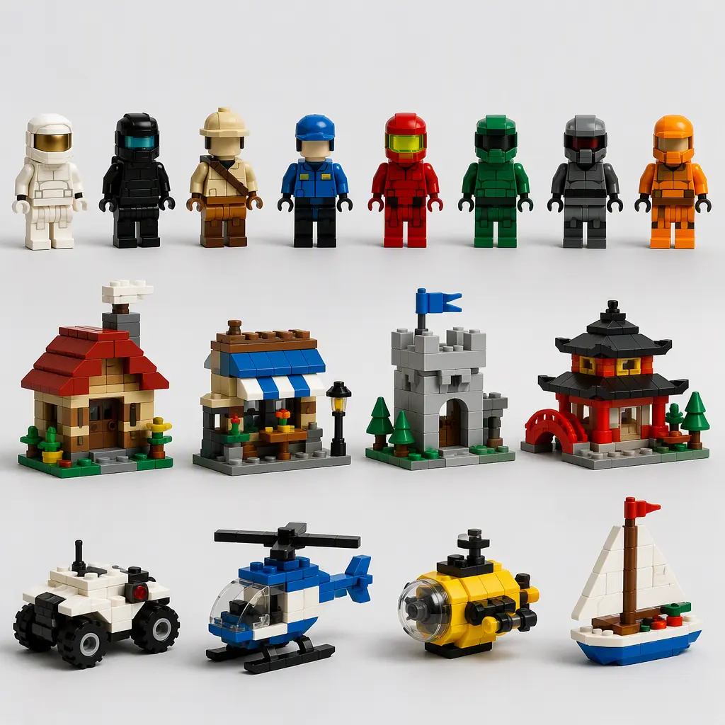 Assorted brick-style mini figures and modular structures displayed in a studio setting.