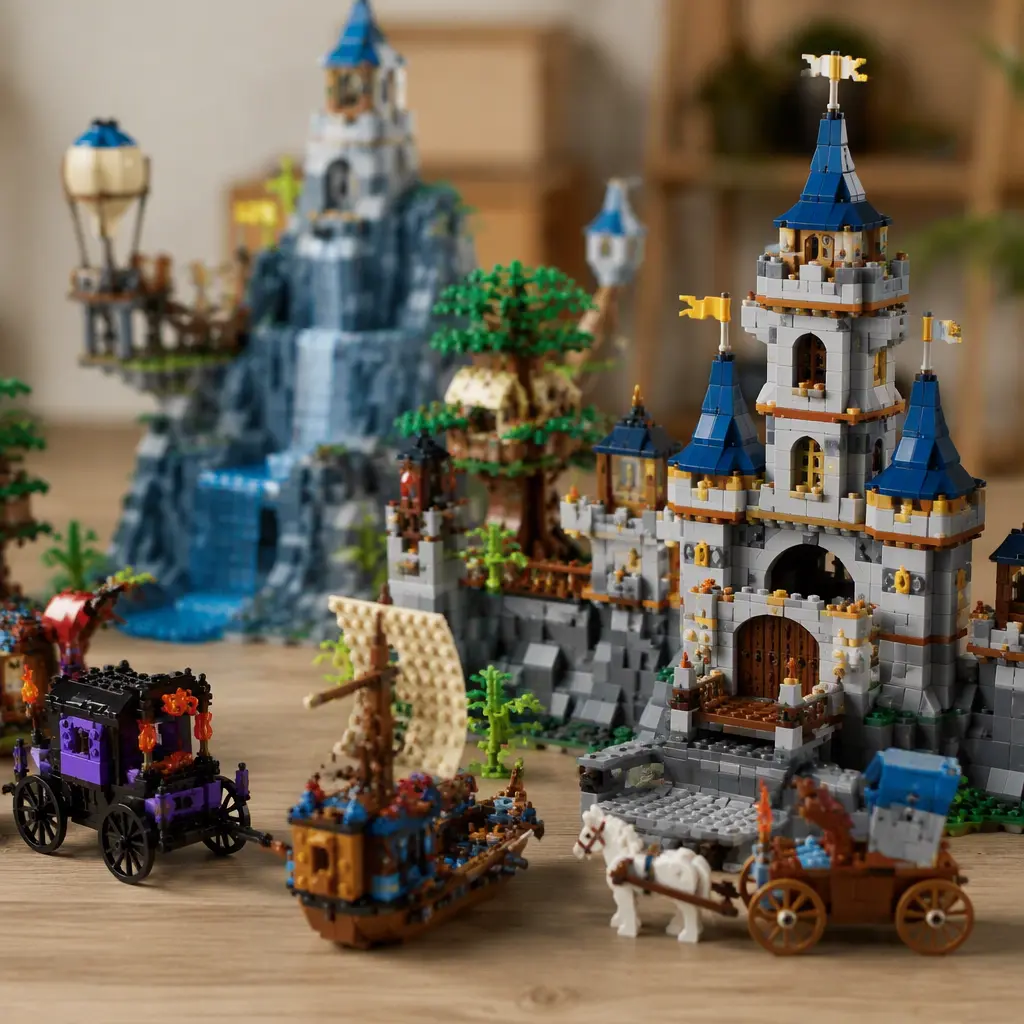 Colorful interlocking brick construction sets with miniature vehicles and scenery on a tabletop.