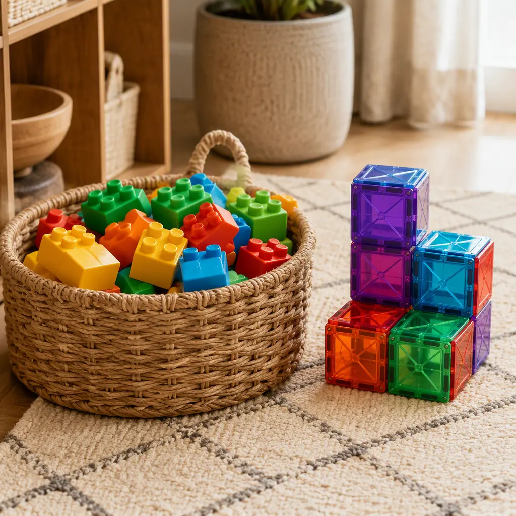 Toddler-safe building blocks and magnetic cubes stored in baskets on a playroom rug
